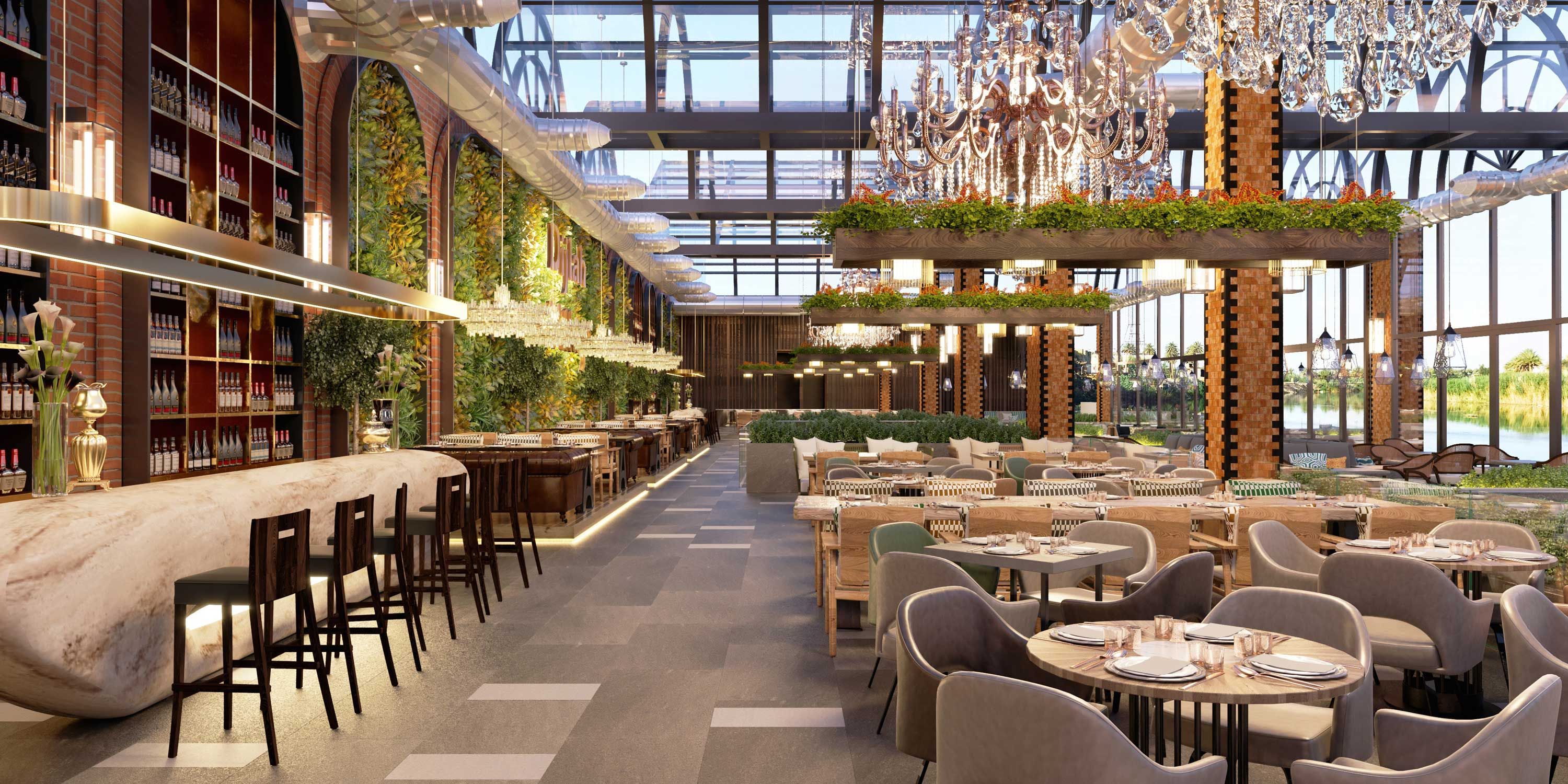 restaurant with greenery and LED lighting
