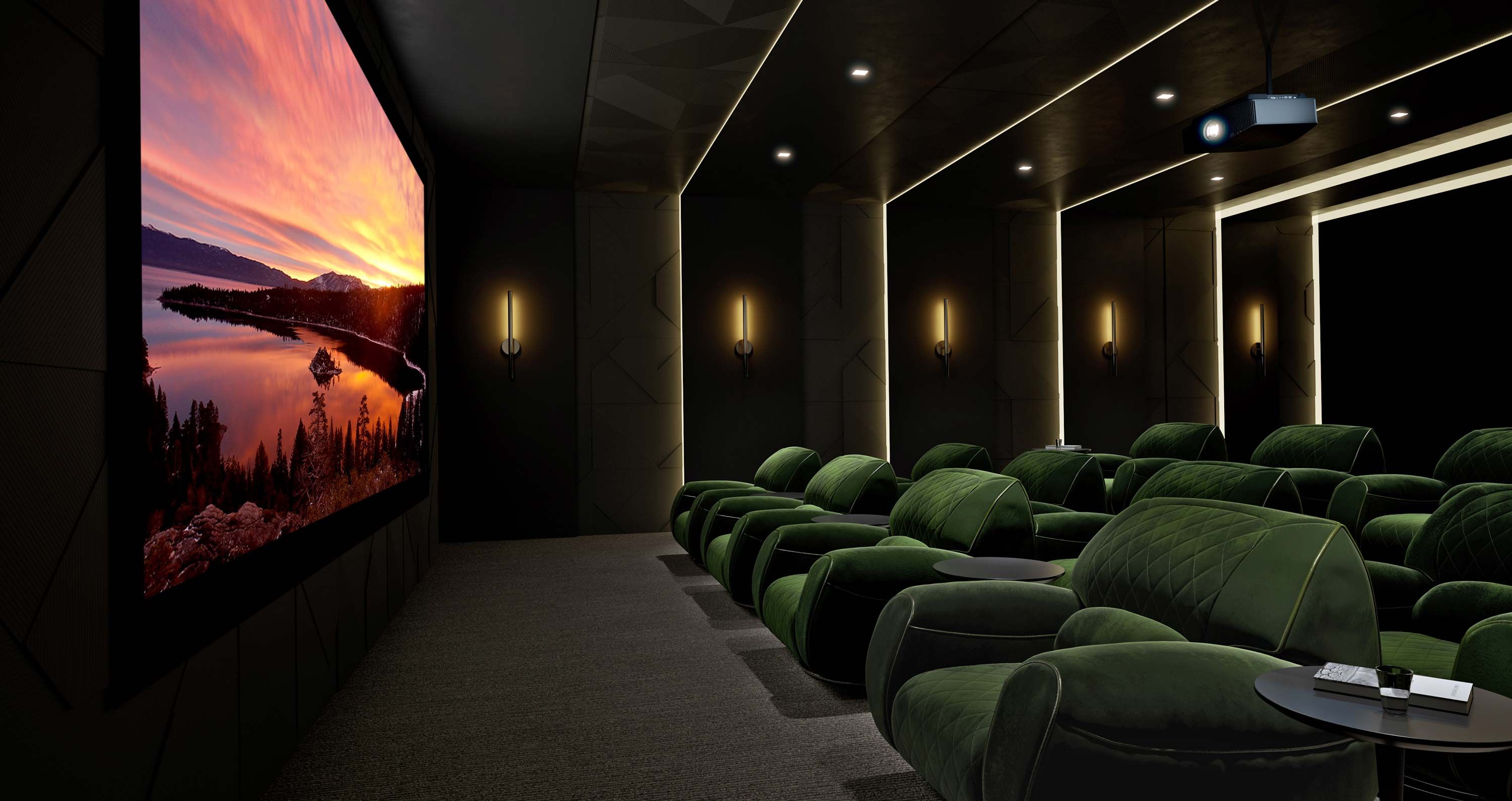 sony home theater with emerald seating and sunset scene on screen