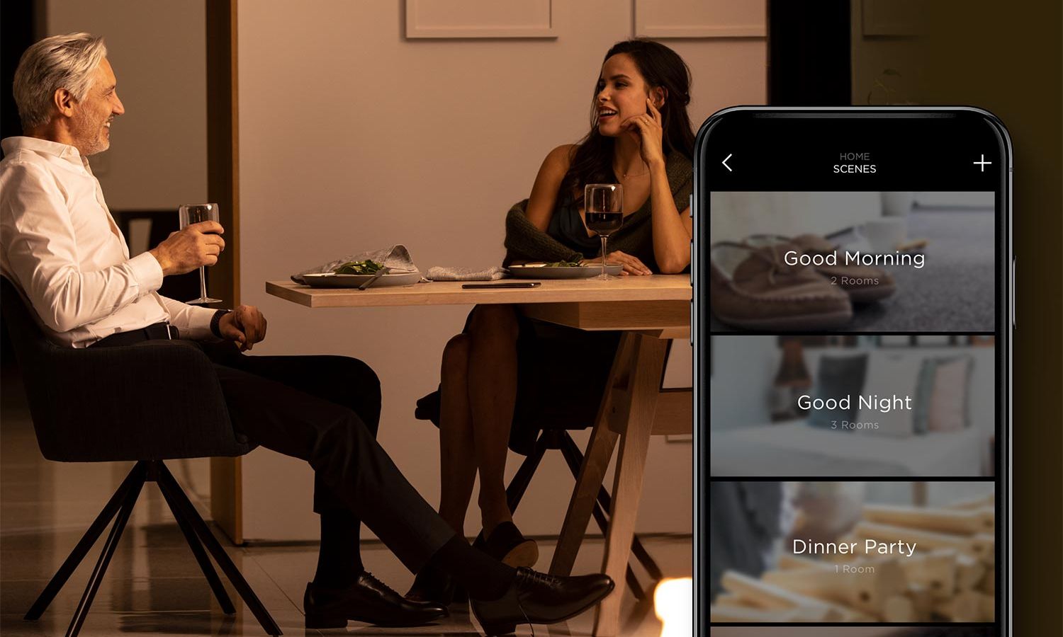 Savant Home Control UI on a phone and a couple having dinner